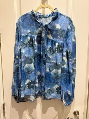 LoveShackFancy Blue Floral Tie-Neck Peasant Blouse